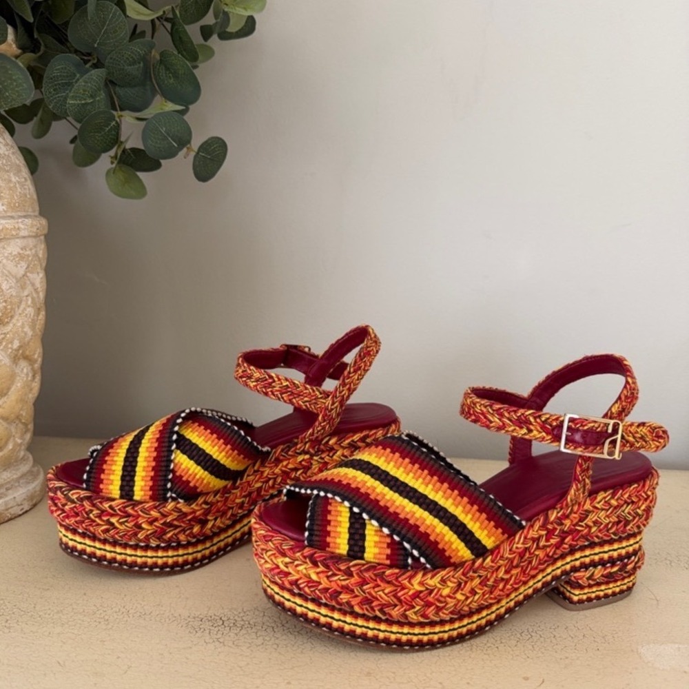 Antolina Paris Woven Textile Women Sz 8 Striped Platform Sandal Red/Yellow/Black